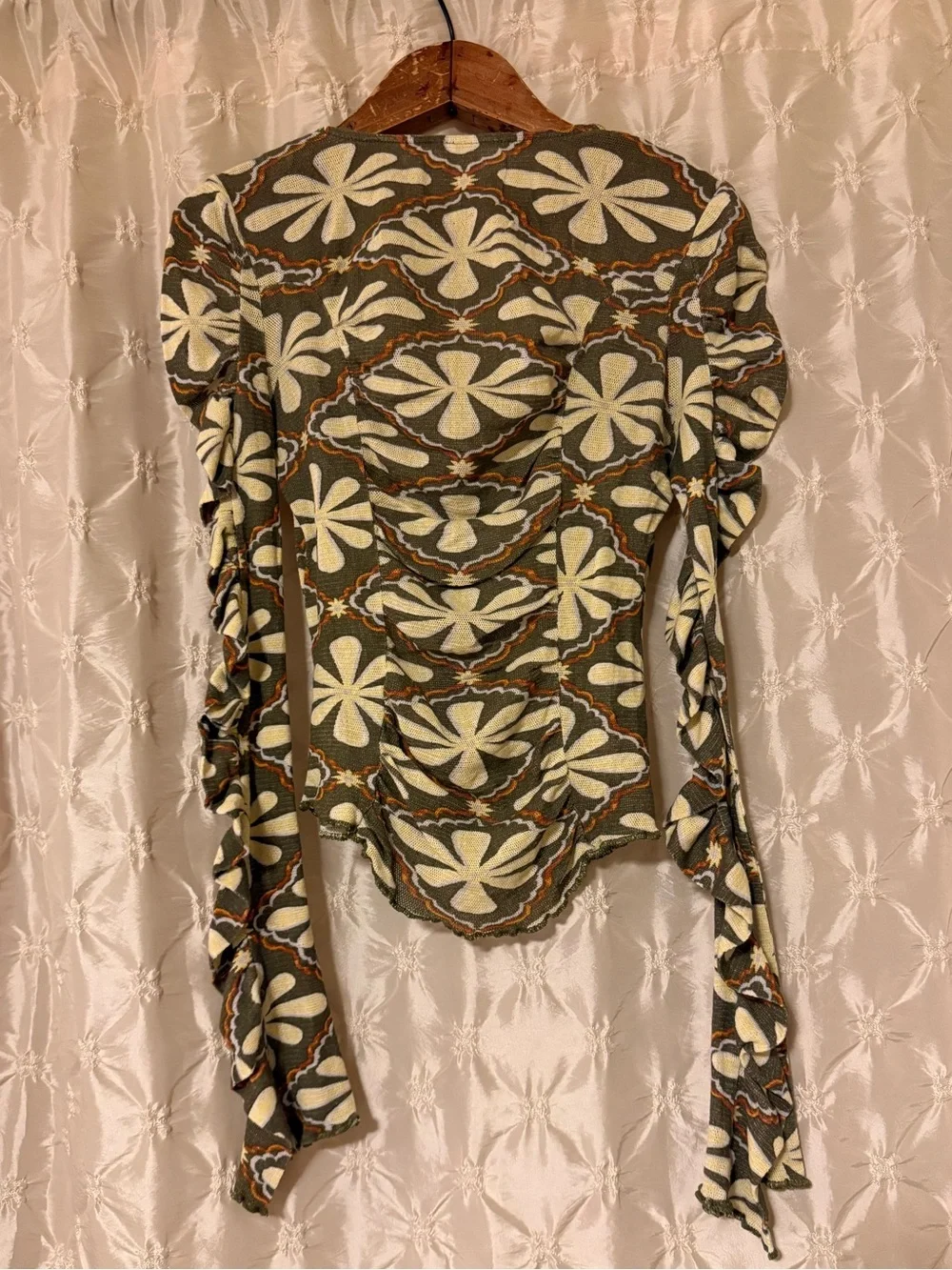 Free People Through The Meadow Ruched Mesh Top Boho V-Neck Cream Floral Green